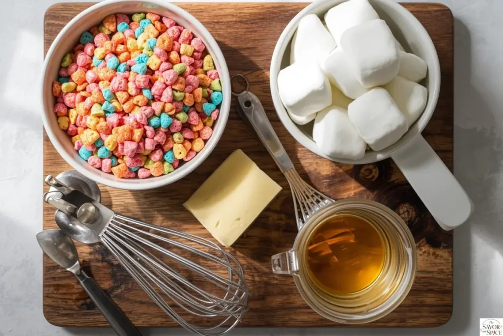 Ingredients for Fruity Pebbles Cereal Bars displayed in small bowls and jars on a wooden board, including Fruity Pebbles cereal, marshmallows, butter, and vanilla extract.