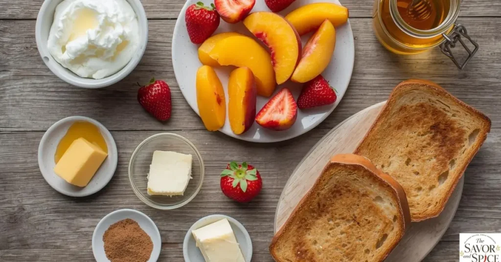 Ingredients for honey ricotta toast: ricotta, sliced fruit, butter, honey, cinnamon, salt, and bread, neatly arranged on a wooden table.
