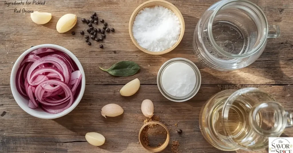 Ingredients for quick pickled red onions on a wooden countertop: thinly sliced red onions, garlic cloves, black peppercorns, bay leaf, sugar, and vinegar in small bowls.