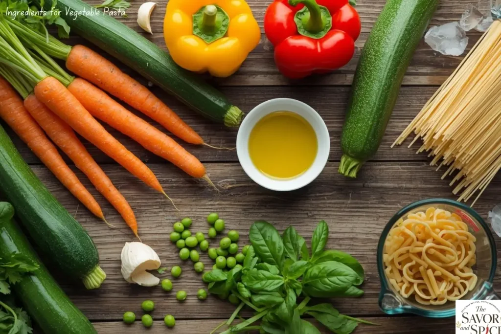 Fresh vegetables and pasta ingredients for light vegetable pasta for weak digestion including carrots, zucchini, peas, bell peppers, olive oil, and herbs.