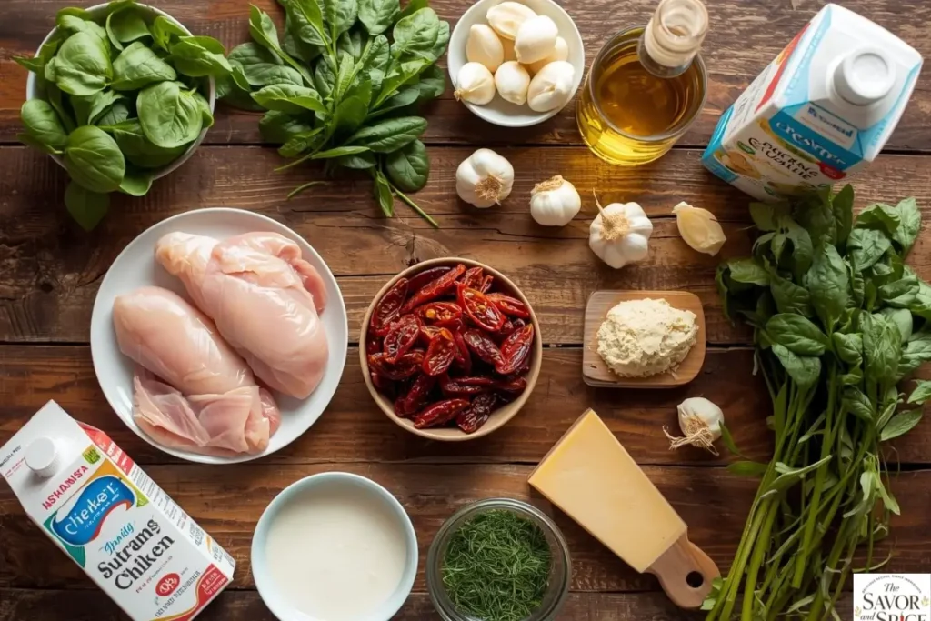 Fresh ingredients for Creamy Tuscan Chicken laid out on a wooden table including chicken, spinach, sun-dried tomatoes, garlic, cream, and Parmesan.