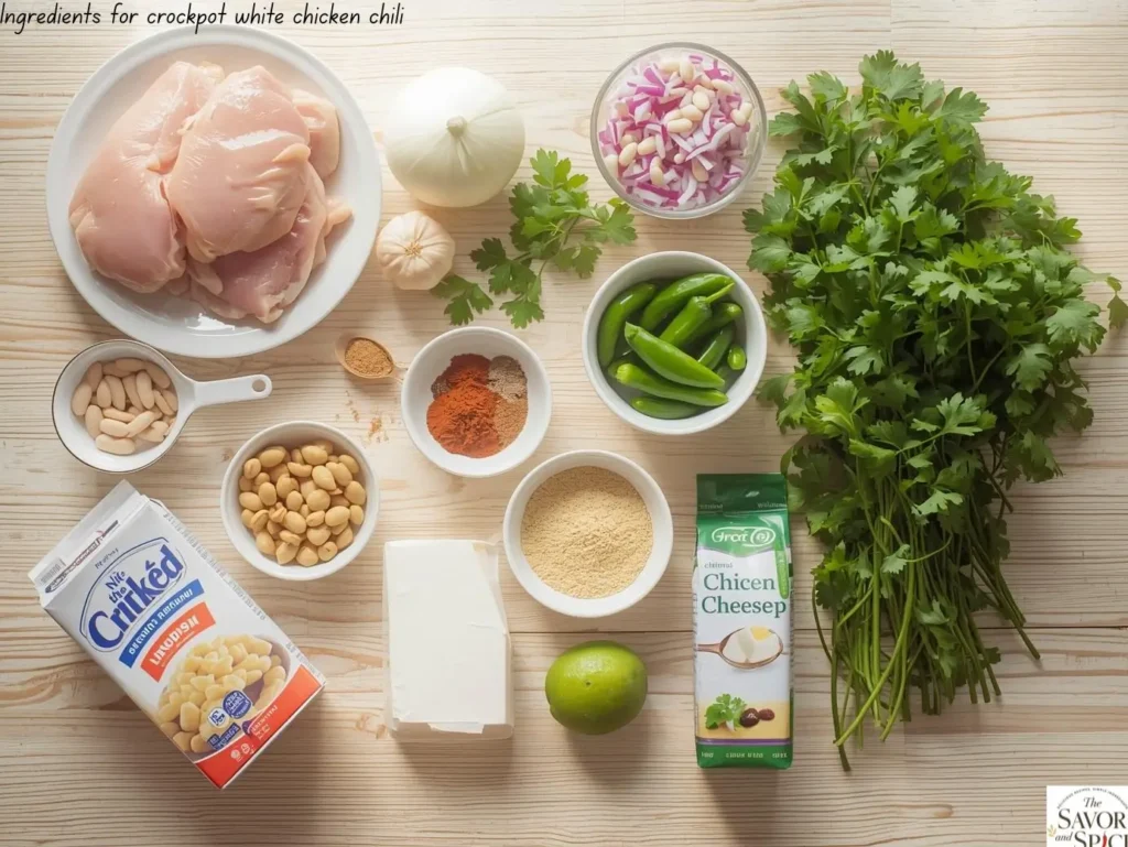 Ingredients for crockpot white chicken chili laid out on a kitchen counter, including chicken breasts, white beans, onion, garlic, spices, and broth.