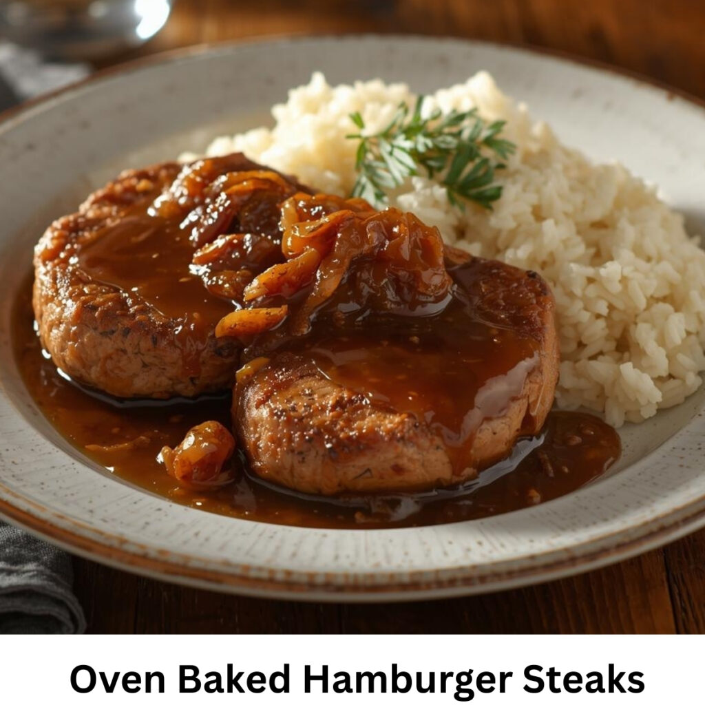 Oven baked hamburger steak served on a plate with herbs and side vegetables, juicy and flavorful.