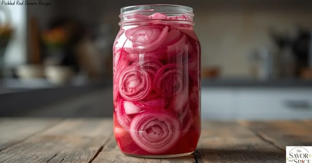 Pickled red onions recipe - Glass jar of vibrant pink pickled red onions on a wooden countertop with garlic cloves, peppercorns, and fresh red onions around it.