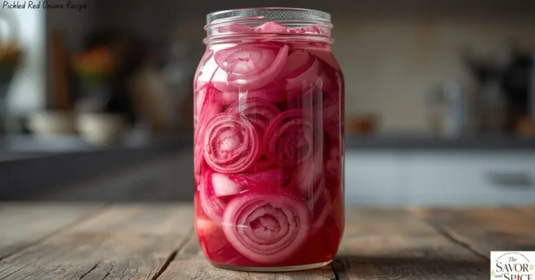 Pickled red onions recipe - Glass jar of vibrant pink pickled red onions on a wooden countertop with garlic cloves, peppercorns, and fresh red onions around it.