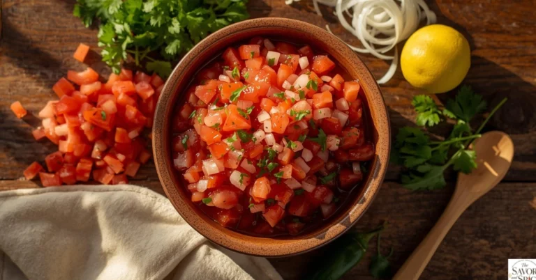 Fresh Pico de Gallo in a bowl with tomatoes, onions, cilantro, lime, and jalapeño on a rustic wooden table.