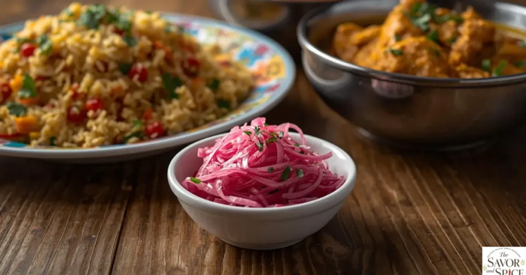 Pickled red onions served as a tangy side salad alongside a plate of biryani and a bowl of curry chicken on a rustic wooden table.