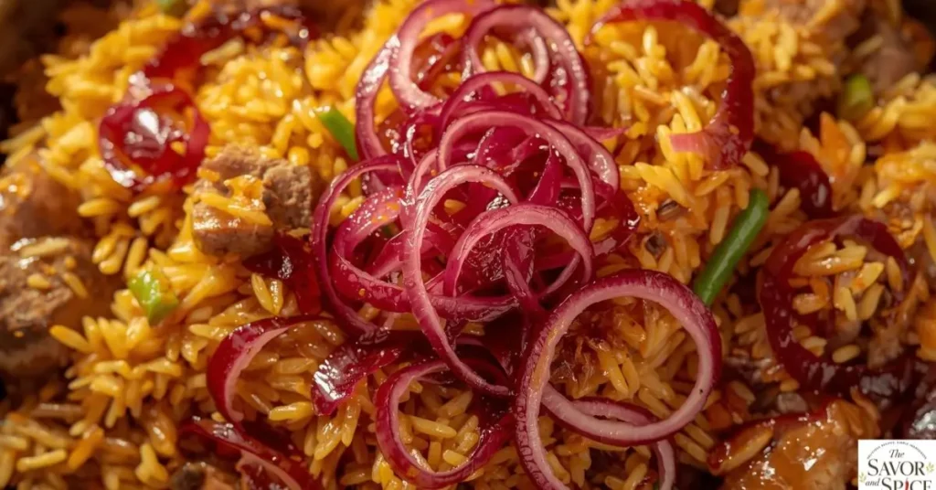 Pickled red onions slices are served over biryani.
