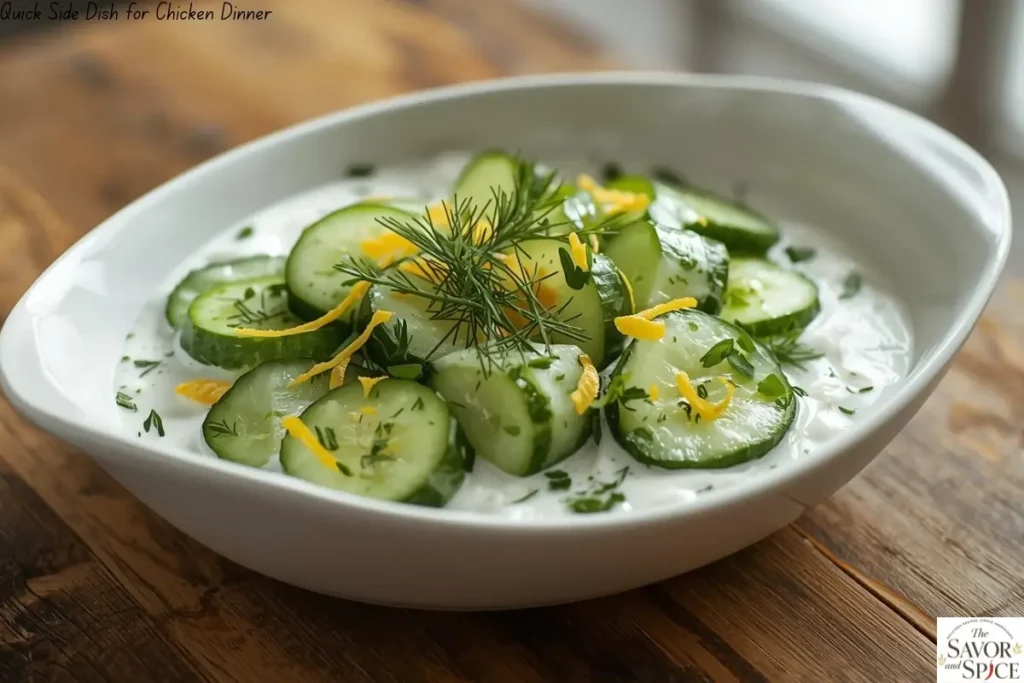 Creamy cucumber-yogurt salad with fresh herbs and black pepper, highlighting its light, refreshing, and healthy qualities that make it the easy side dish for chicken dinners.