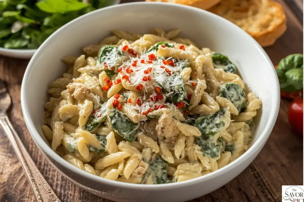 Creamy spinach artichoke chicken orzo served with salad and garlic bread.