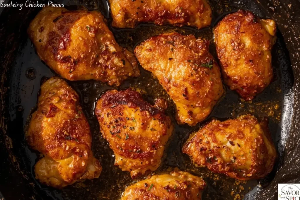 Cooking chicken pieces in a skillet until golden brown.