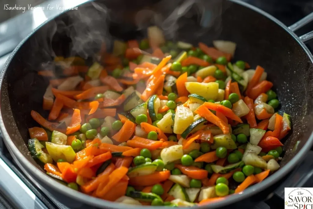 Colorful vegetables sautéing in a pan for light vegetable pasta, soft and gentle cooking for weak digestion.