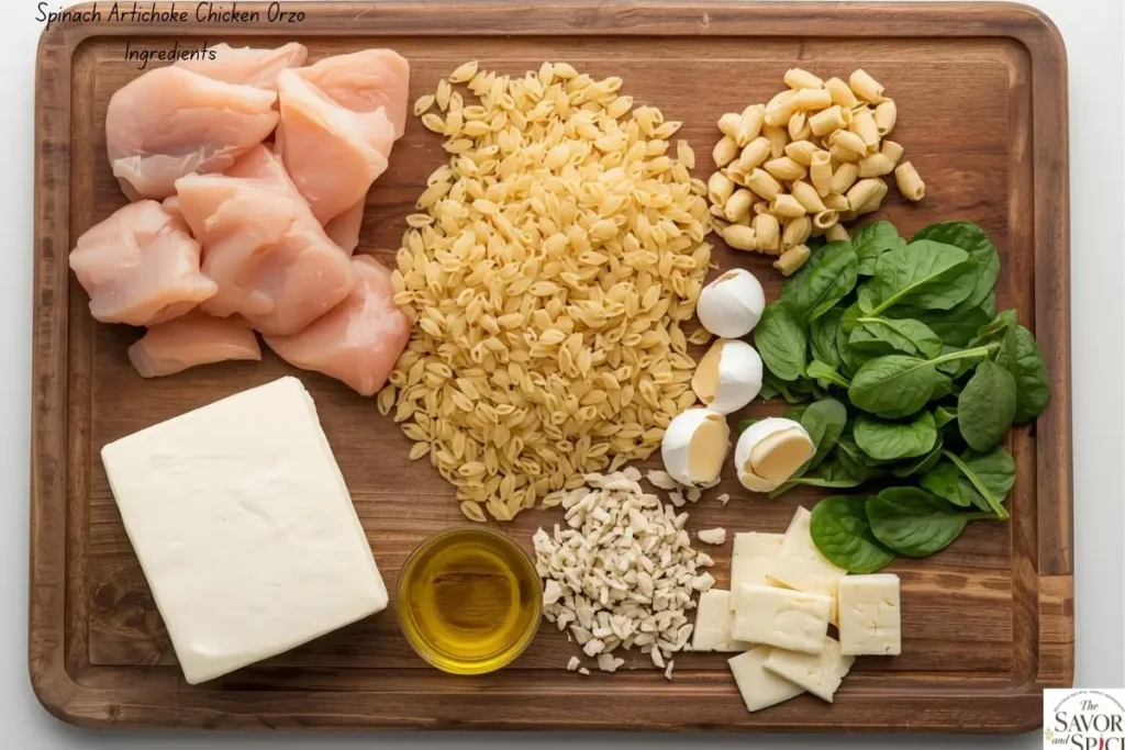 Flat lay of all ingredients for creamy spinach artichoke chicken orzo.