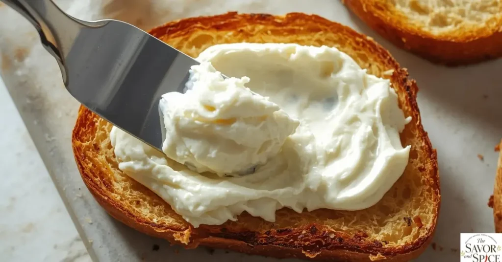Creamy ricotta cheese being spread on toasted bread for honey ricotta toast.