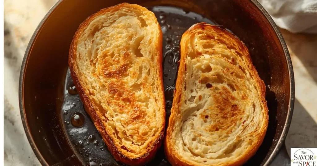 Two slices of sourdough bread toasting in a skillet until golden brown and crisp.