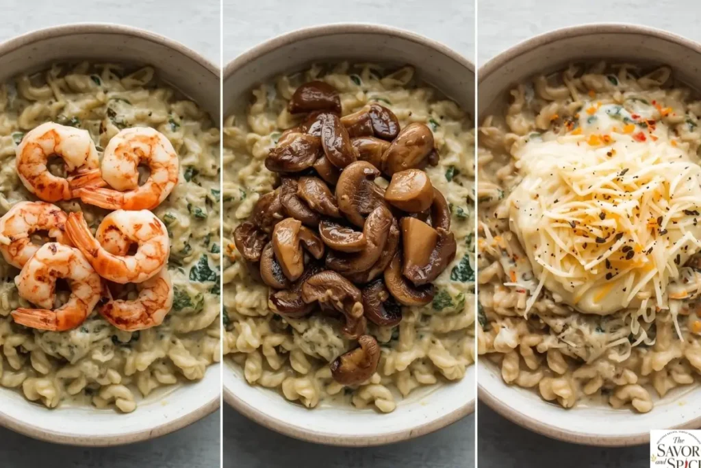 Variations of creamy spinach artichoke chicken orzo with melty cheese and tender chicken pieces.