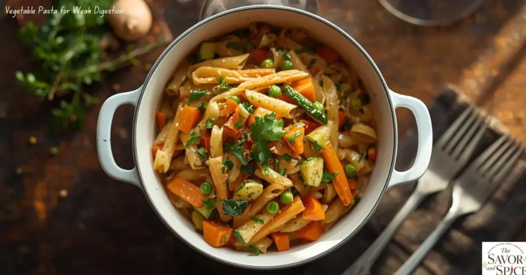 Light vegetable pasta for weak digestion with carrots, zucchini, peas, and bell peppers in a white bowl, gentle on digestion, healthy dinner option.