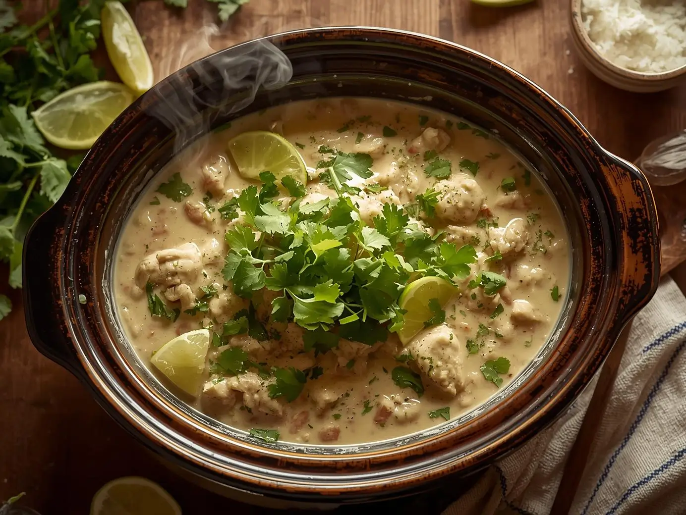 Creamy white chicken chili cooked in a crockpot, garnished with fresh cilantro and lime, served warm in a bowl.