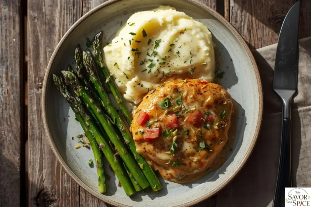 Creamy Tuscan Chicken served on a plate with garlic mashed potatoes and roasted asparagus, garnished with fresh herbs.