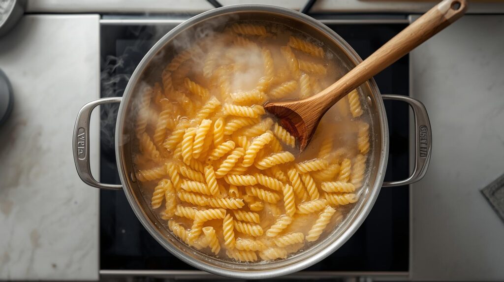 Pasta boiling in a pot of water on stove for light vegetable pasta, gentle cooking for weak digestion.