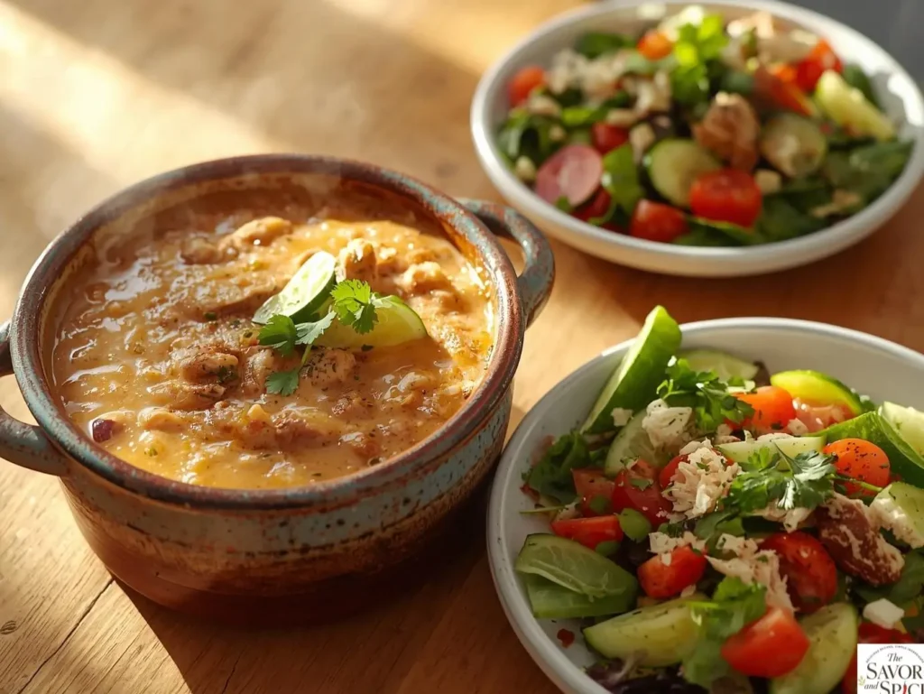 White chicken chili served warm alongside a fresh salad for a balanced and comforting meal.