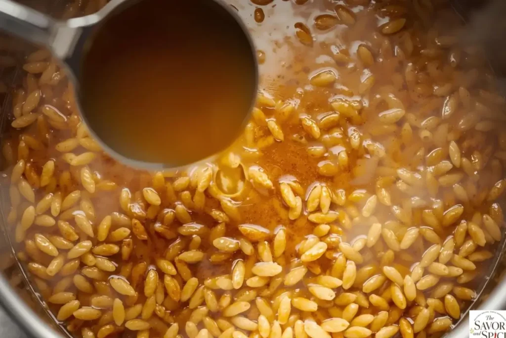 pour chicken broth into toasted orzo to make artichoke chicken orzo.
