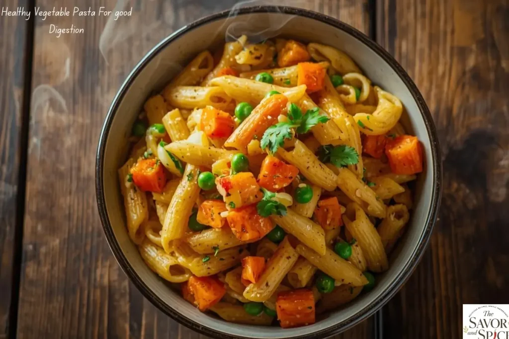 Light vegetable pasta served in a bowl with carrots, zucchini, peas, and bell peppers, gentle on digestion.