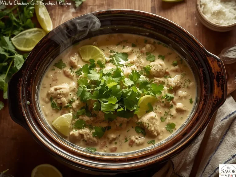 Creamy white chicken chili cooked in a crockpot, garnished with fresh cilantro and lime, served warm in a bowl.