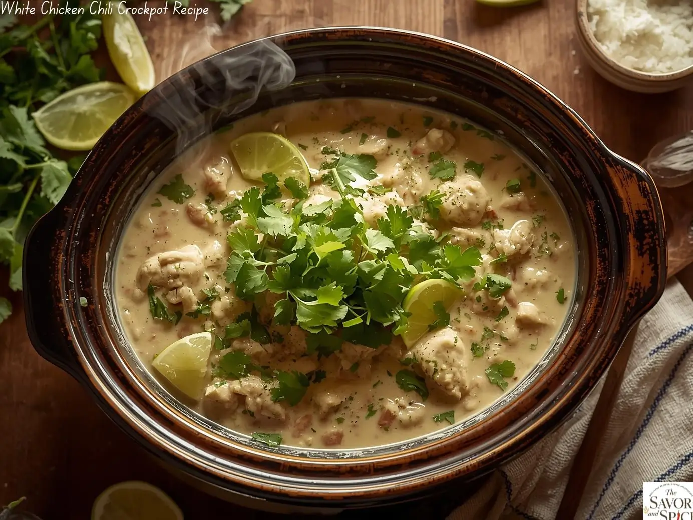 Creamy white chicken chili cooked in a crockpot, garnished with fresh cilantro and lime, served warm in a bowl.