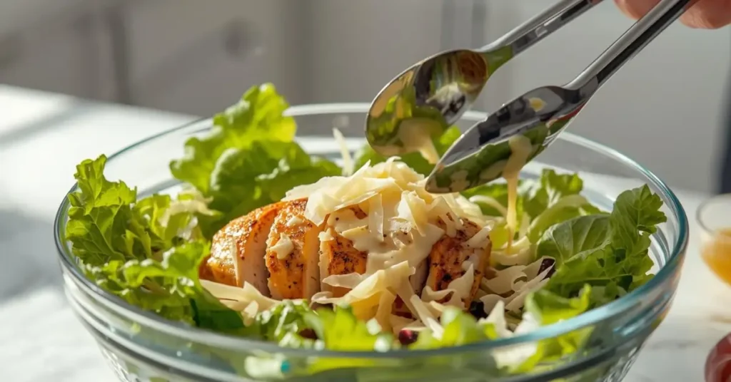 Assembling healthy chicken Caesar salad with grilled chicken, romaine lettuce, parmesan, and dressing.