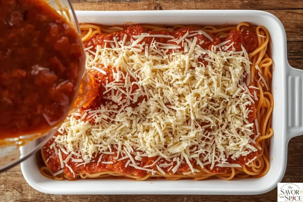 Layering spaghetti and creamy sauce in baking dish for Million Dollar Spaghetti.