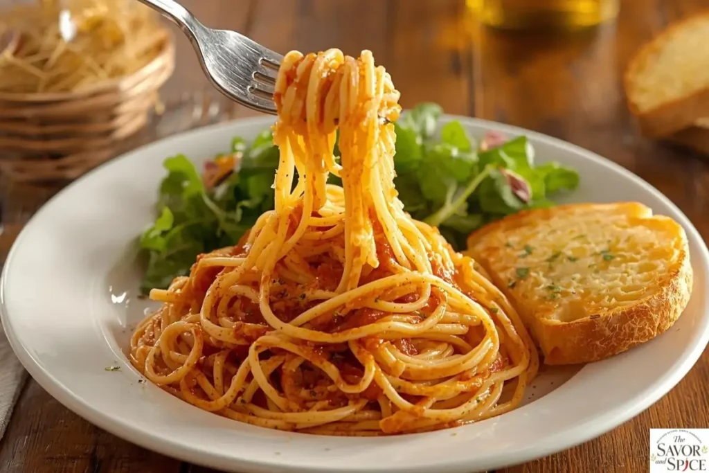 Portion of Million Dollar Spaghetti on a plate with garlic bread and salad, ready to serve.
