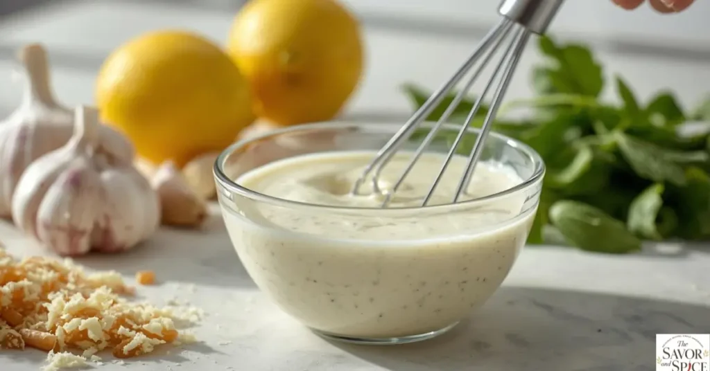 Whisking healthy Caesar dressing made with Greek yogurt, garlic, lemon, and parmesan.