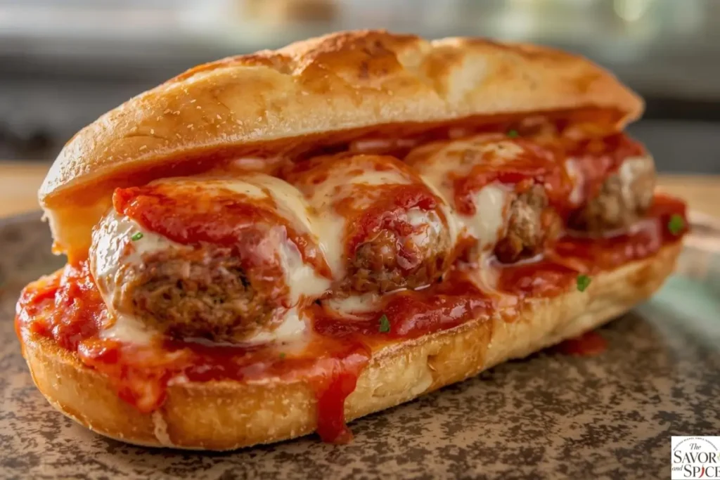 Garlic Parmesan Italian meatballs in a sub sandwich with melted cheese.