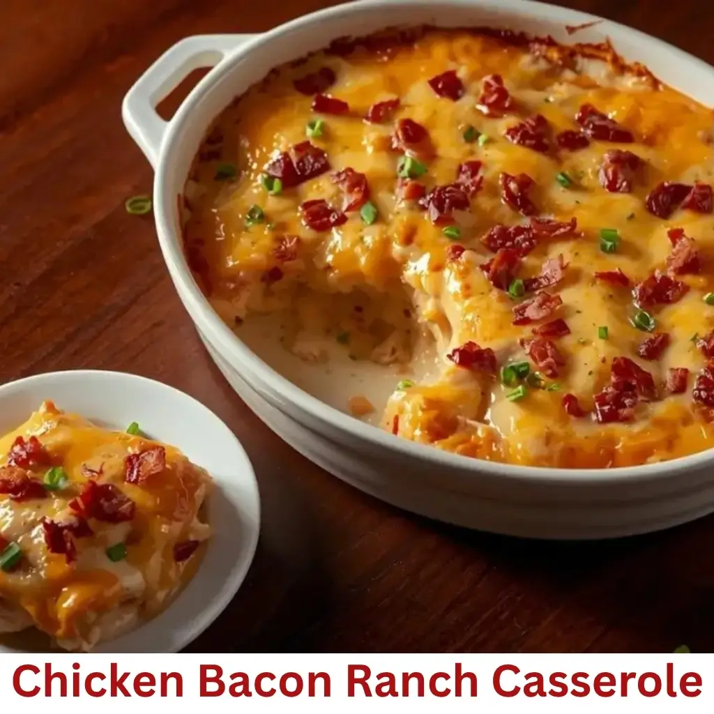 Chicken bacon ranch casserole baked with cheese, tender chicken, crispy bacon, and creamy sauce.