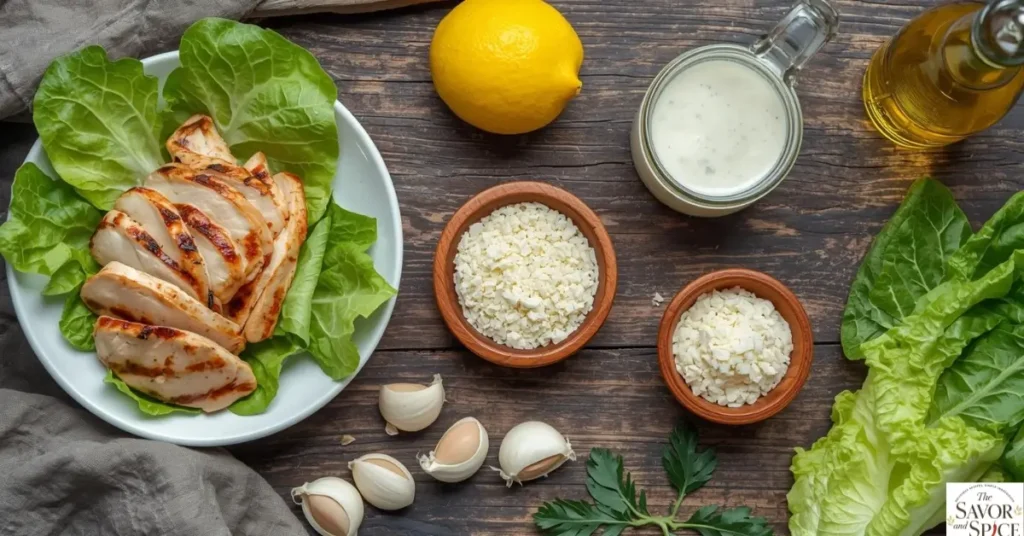 Ingredients for healthy chicken Caesar salad including chicken breast, romaine, parmesan, and dressing.