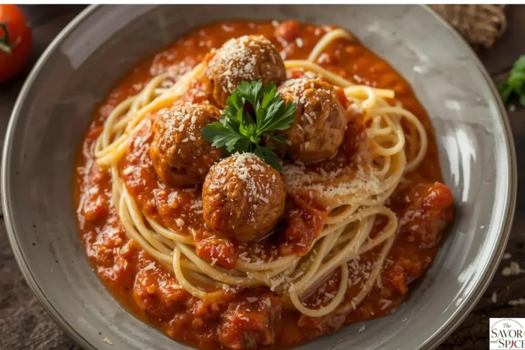 Garlic Parmesan Italian meatballs served over spaghetti with marinara sauce.