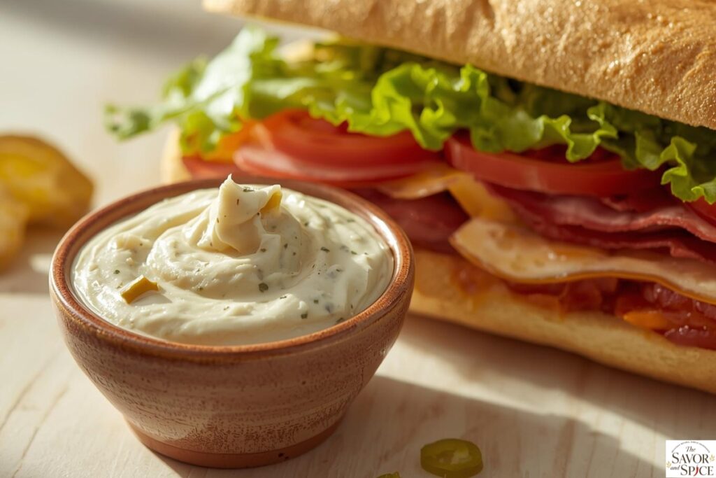 Honey mustard sauce in a bowl served with chicken sandwich.