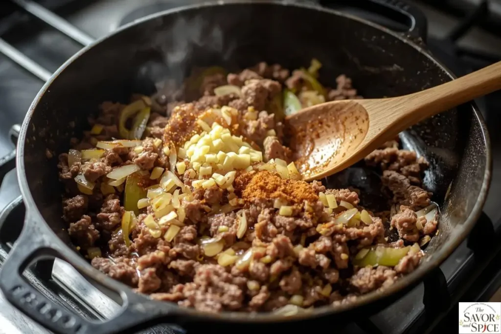 Ground beef and onions sautéing in a skillet for Million Dollar Spaghetti.