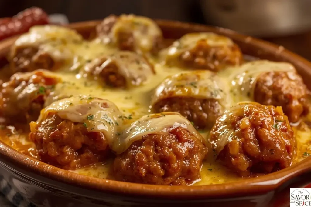 Garlic Parmesan meatballs baked in creamy sauce.