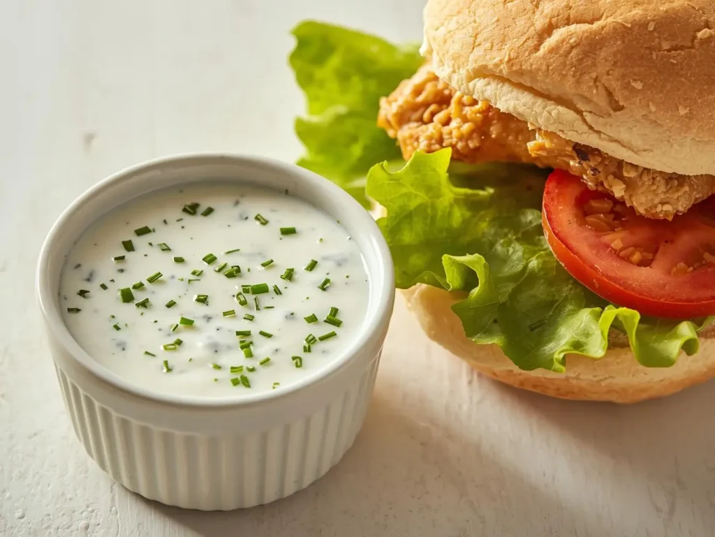 Creamy ranch sauce in a bowl served with chicken sandwich.
