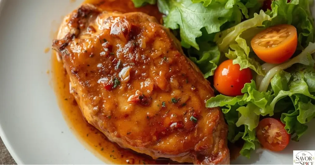 A serving of juicy crockpot chicken breast in a bowl, garnished with fresh herbs.