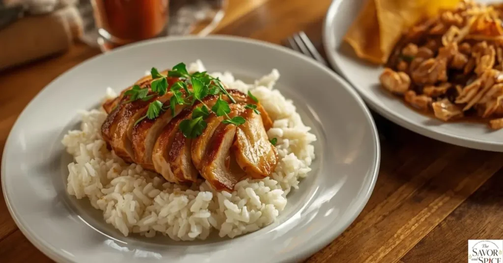 Juicy crockpot chicken breast served over rice and in a wrap with fresh herbs.
