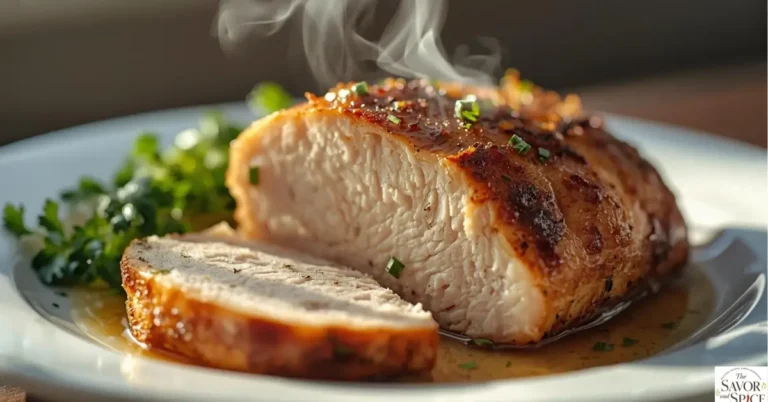 Juicy crockpot chicken without drying out breast sliced open showing tender, moist texture with herbs on a white plate.