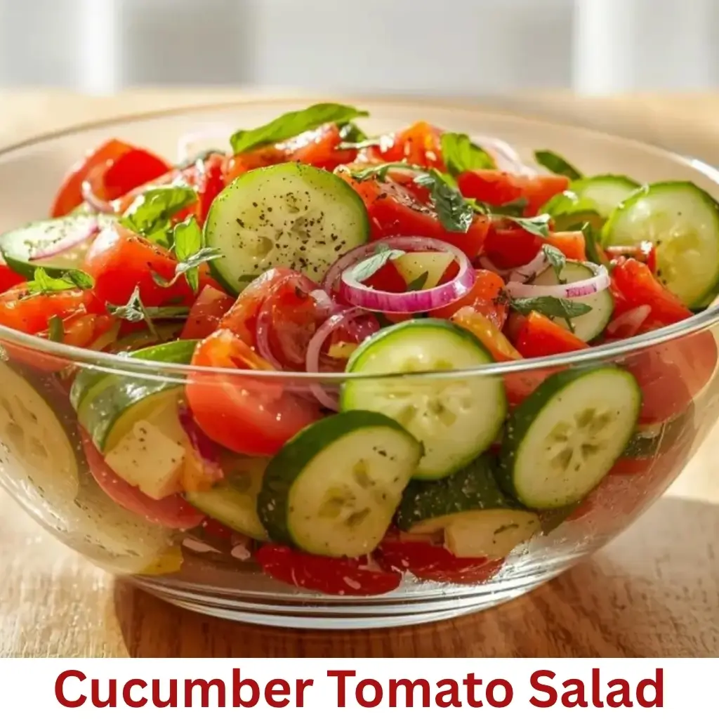 Healthy cucumber tomato salad with fresh herbs, olive oil, and a light dressing.