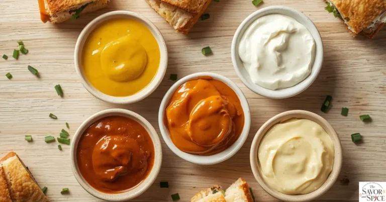 Easy homemade sandwich sauces in bowls including honey mustard, ranch, chipotle mayo, garlic aioli, and classic spread.