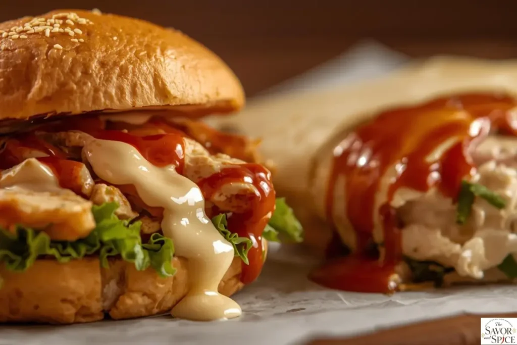 Easy homemade sandwich sauce dripping out of Burger and veggie wraps.