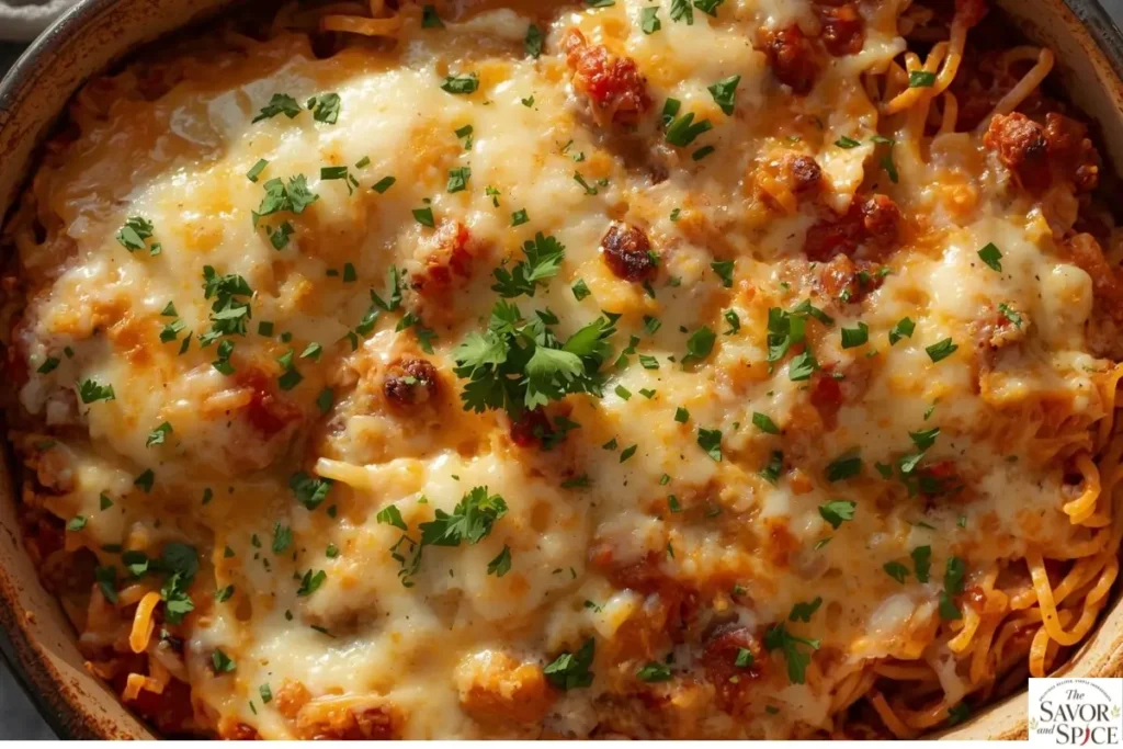 Extra cheesy Million Dollar Spaghetti casserole with golden melted cheese on top.