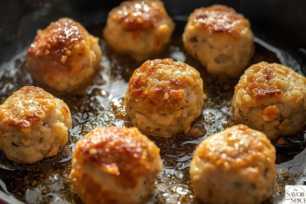 Pan-frying garlic Parmesan Italian meatballs in skillet.