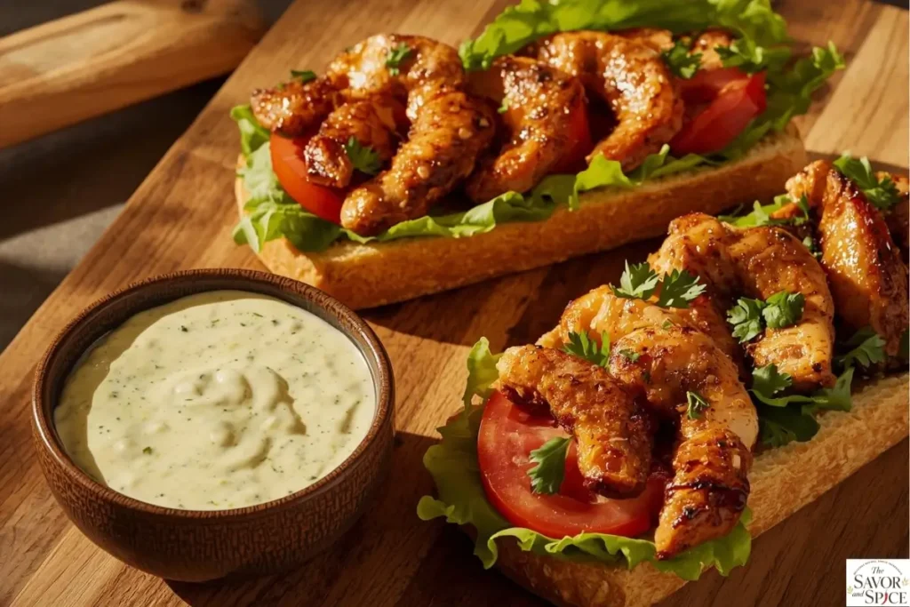 Garlic mayo sauce recipe in a bowl served with fresh sandwiches.